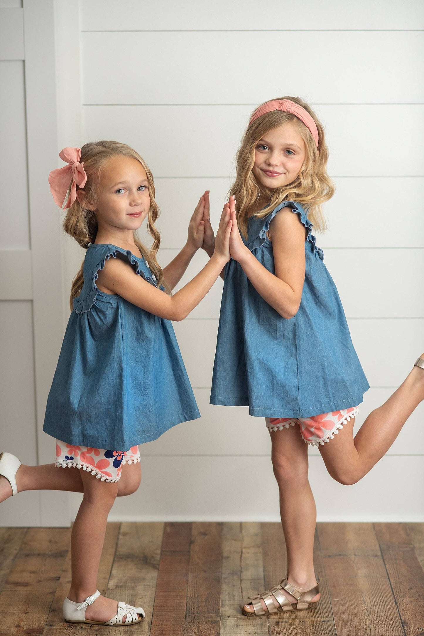 Girls Denim Flutter Top and Coral Floral Ruffle Short Set-171426