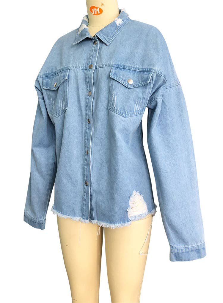 Blue Faded Oversized Distressed Frayed Edges Denim Jacket