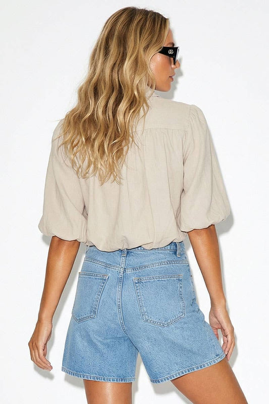 Khaki Cropped Button Up Blouse -149003