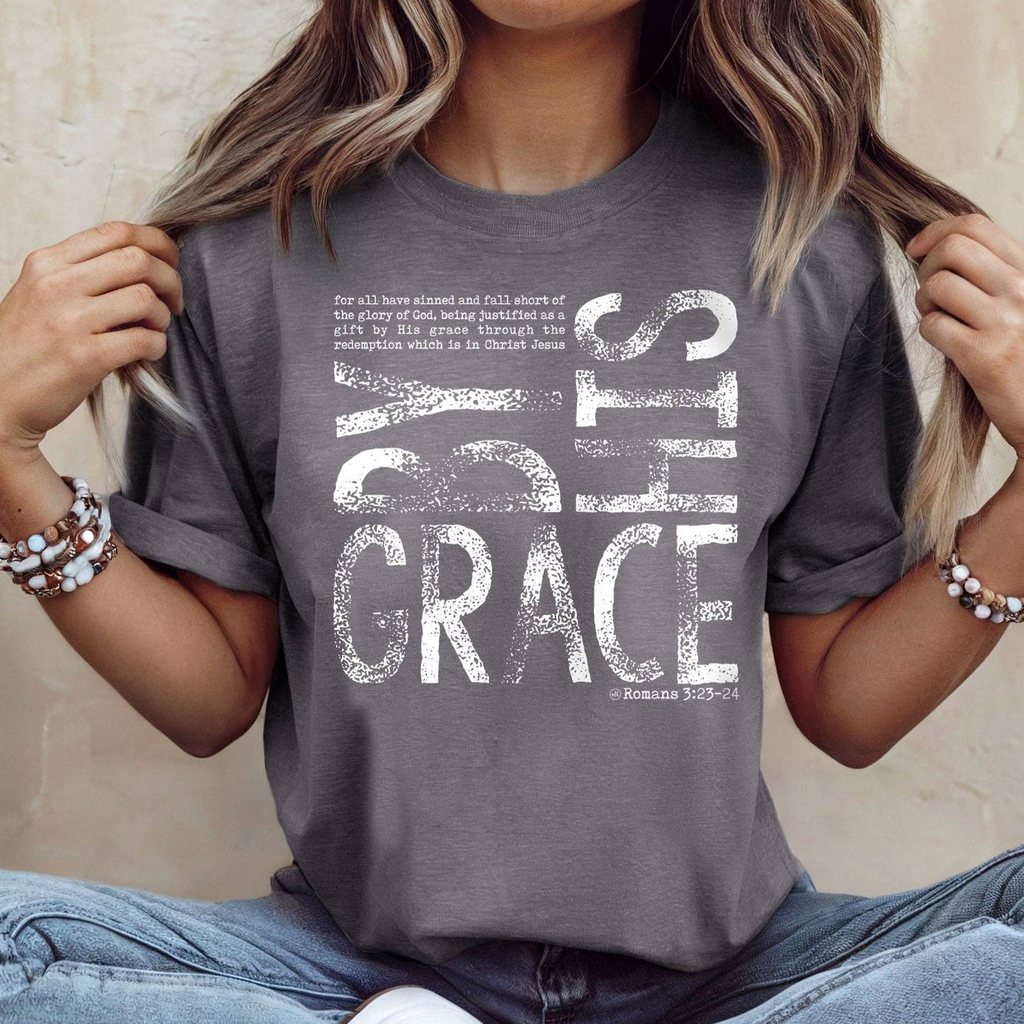 Grey/ White Washed 'By His Grace' Inspirational Tee Shirt