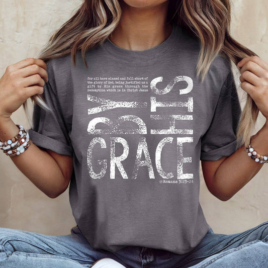 Grey/ White Washed 'By His Grace' Inspirational Tee Shirt