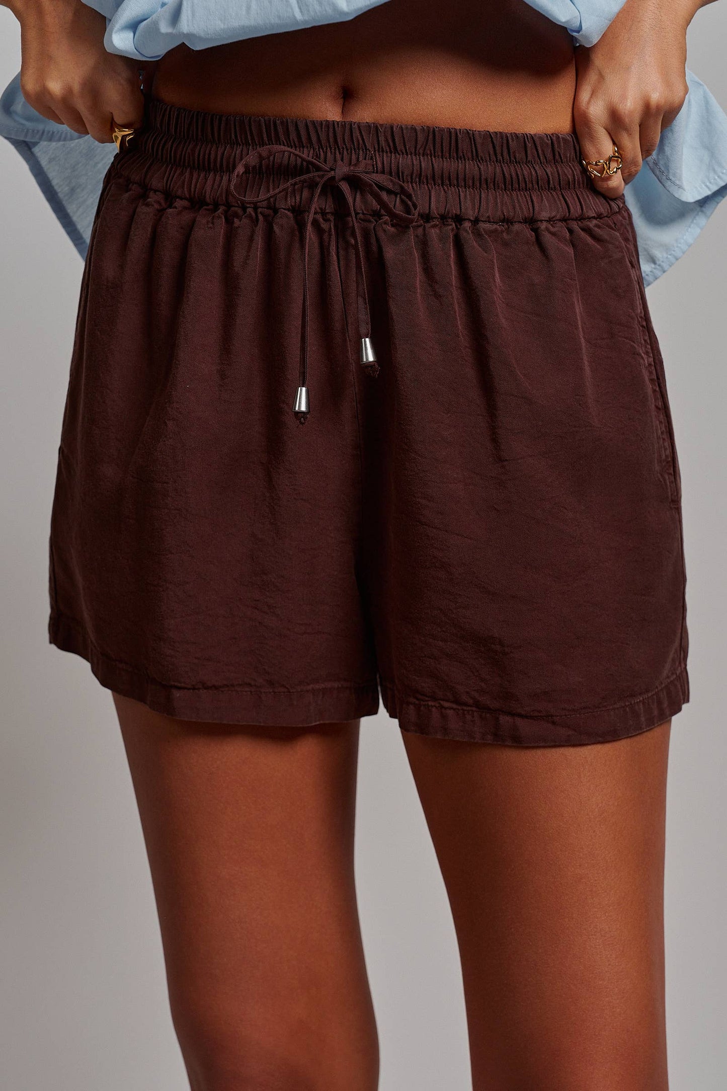 Dusty Pink Everyday Chambray Drawstring Shorts-110814