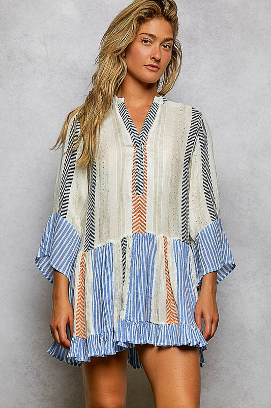 Cream w/ Multi Color Woven Cotton Embroidered Dress-121717
