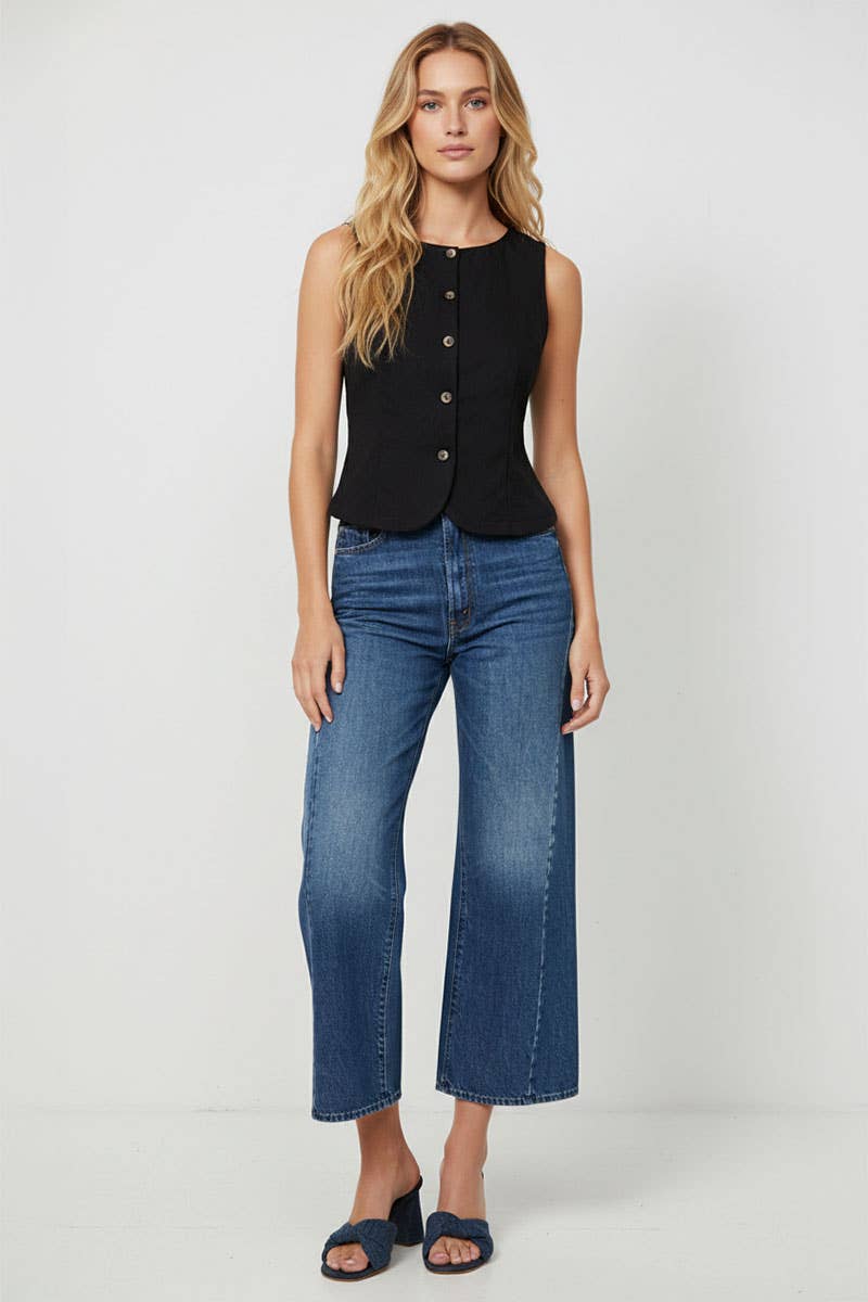 Black Sleeveless Woven Vest With Back Tie-145073