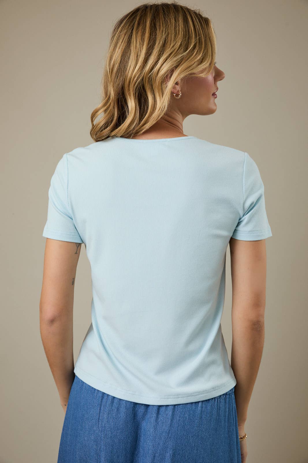 Light Blue Soft Ribbed Embroidered Top - 142083