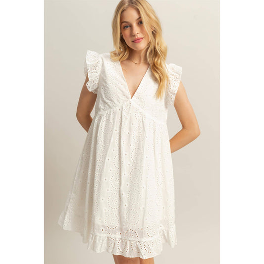 Flutter Sleeve V-Neck Eyelet Mini Dress