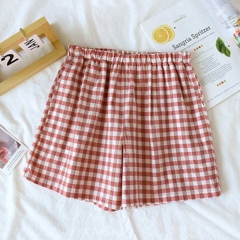 Red Gingham Boxer Style Shorts-113369