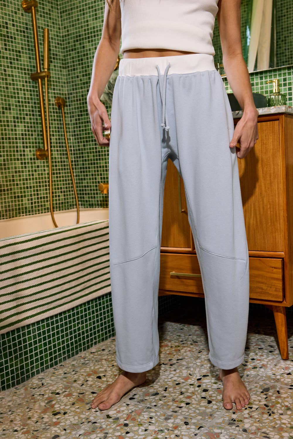 Sky Blue White Band Drawstring Solid Barrel Silhouette Pants