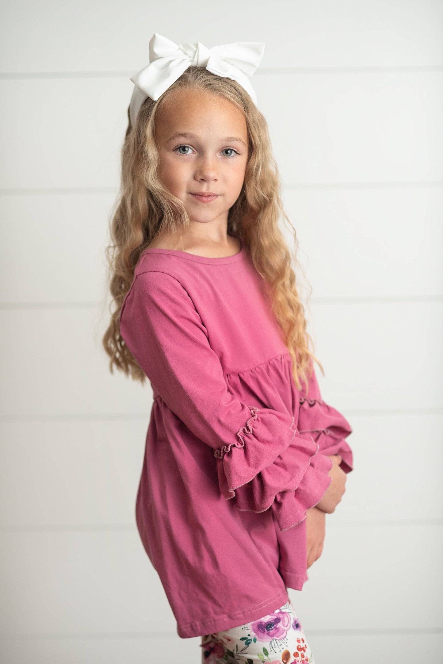 Pink Ruffle Sleeve Shirt & Floral Leggings Set