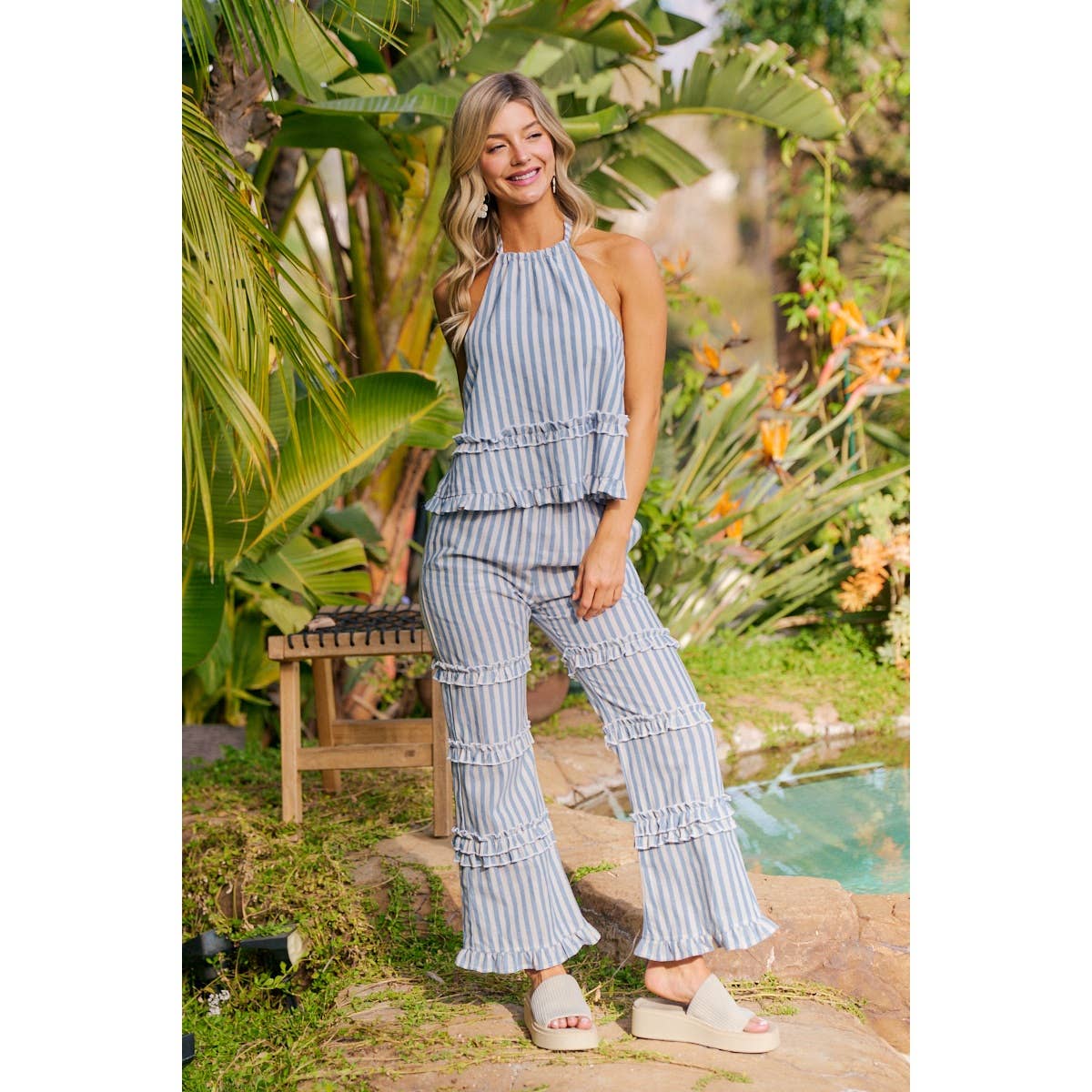 Light Blue Stripe Ruffles Detail Halter Top-145258