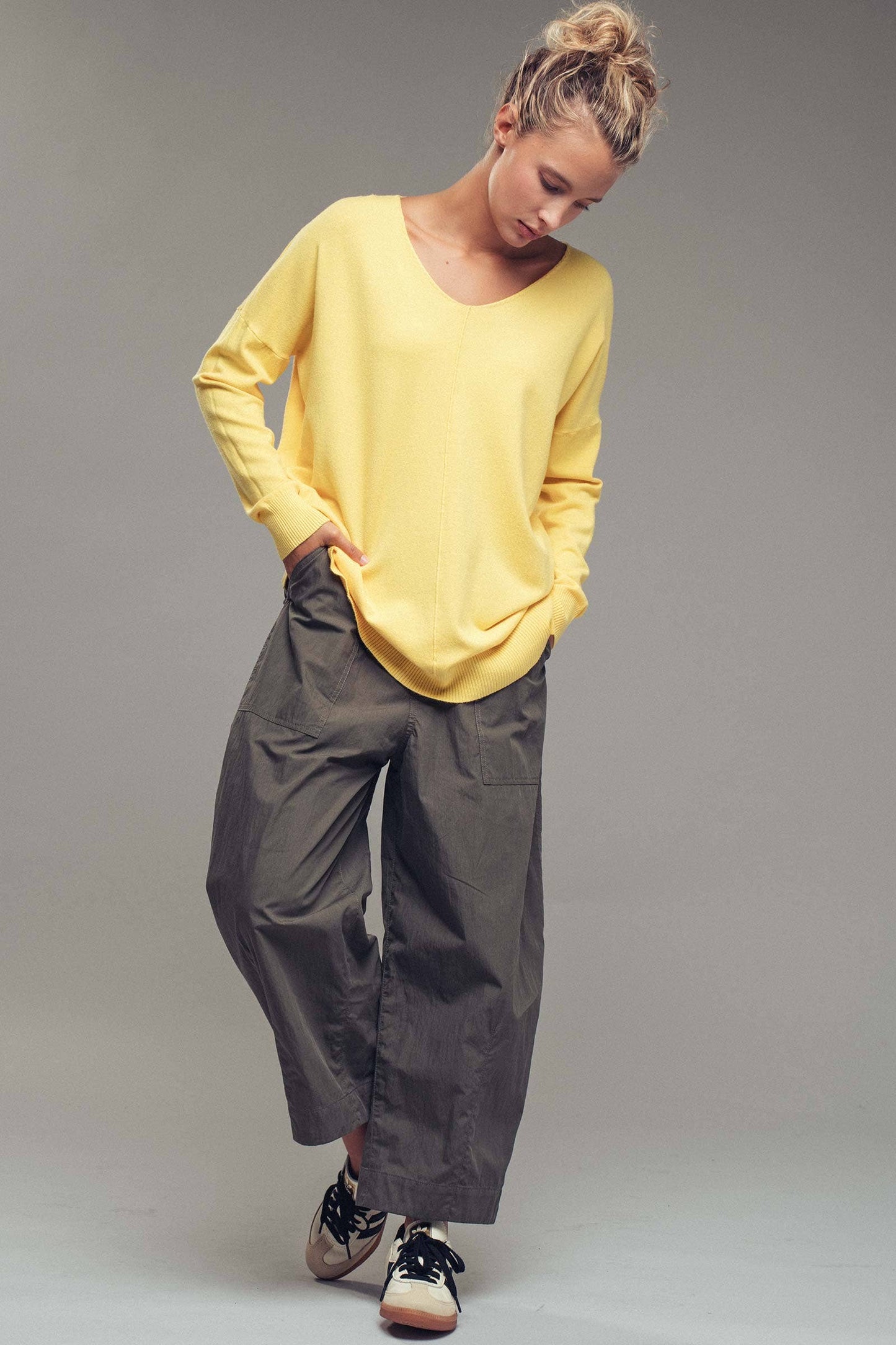 Citrus Yellow Relaxed High-Low V-Neck Tunic Sweater