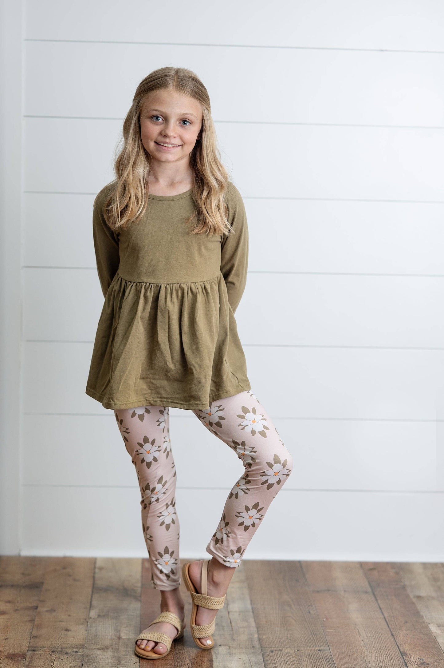 Sage Green 3 Ruffles Cotton Shirt & Floral Leggings Set