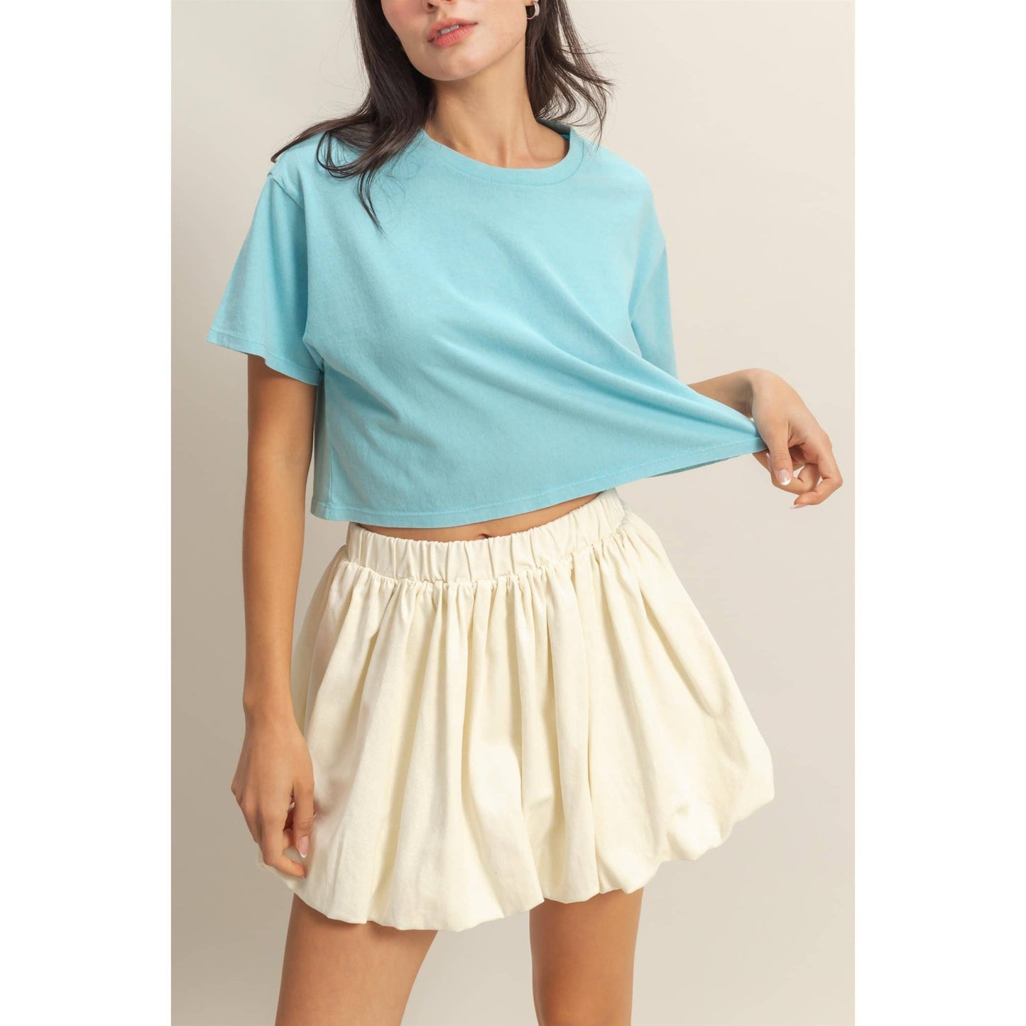 Trendy High Waist Woven Bubble Skirt: CREAM
