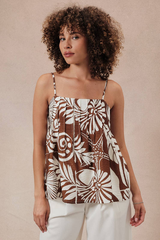 White and Brown Sleeveless Pleated Detail Top- 141226