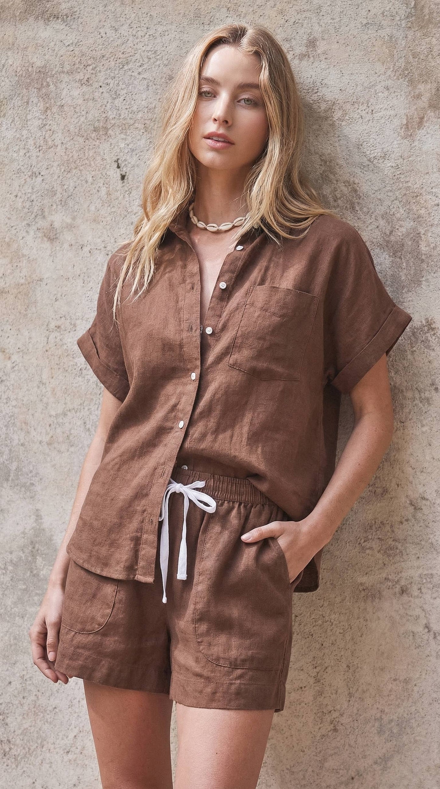 Brown Linen Short Sleeve Button-Down Shirt-144033