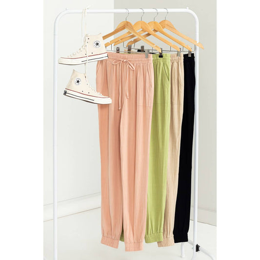Black Linen Drawstring Jogger Pants