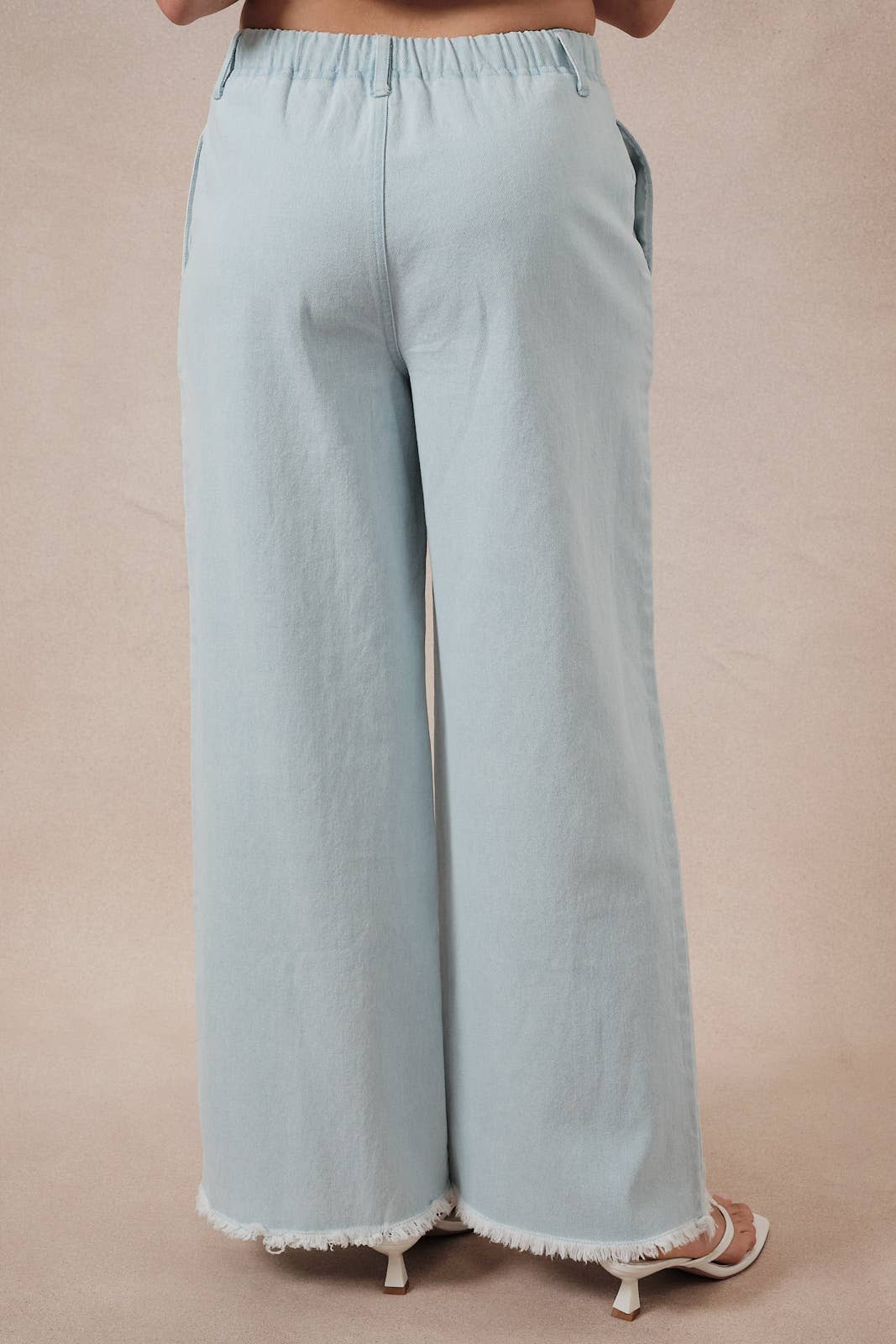Washed Denim Twill Wide Leg Pants w/ Frayed Hem-136798