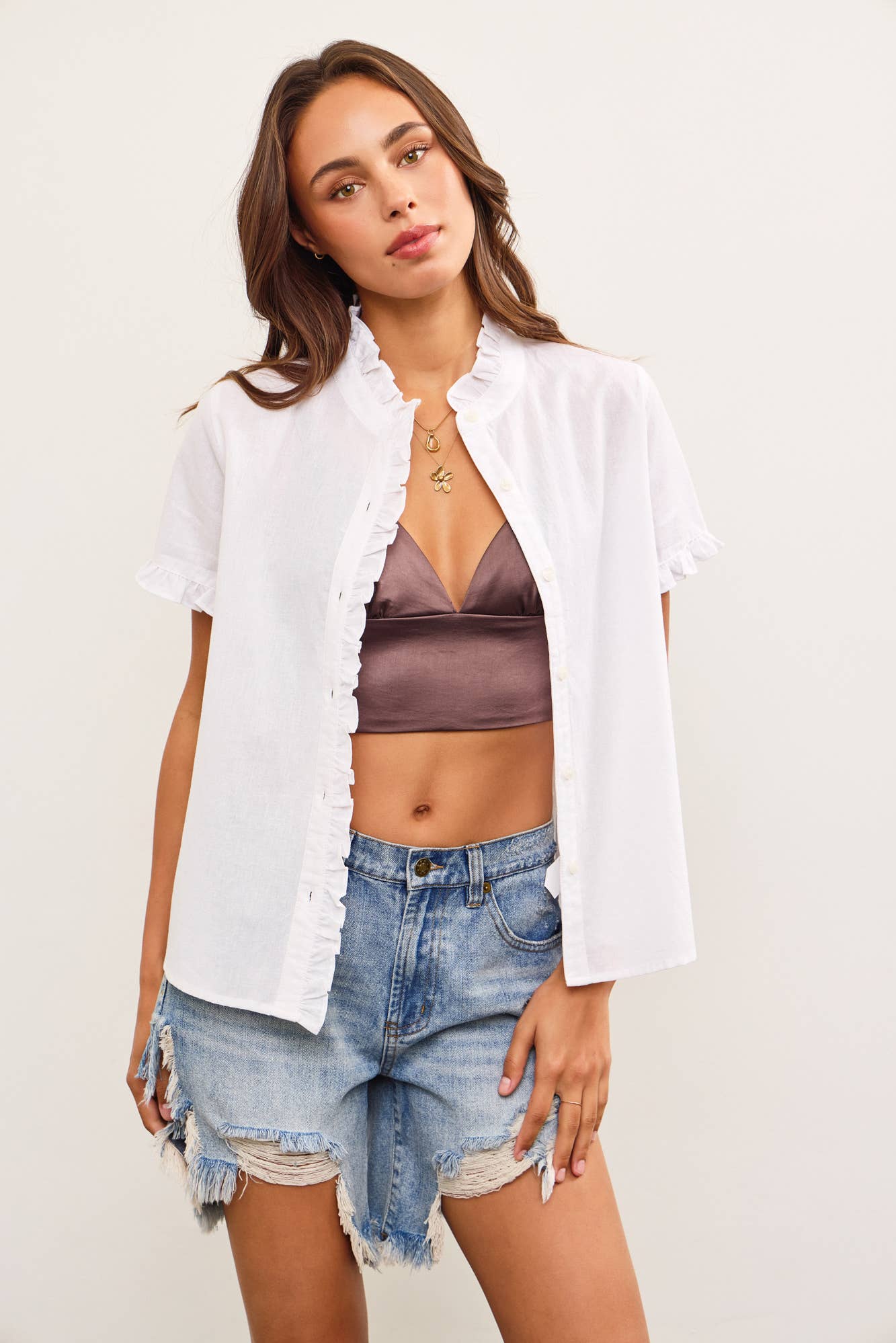 White Ruffle Trim Button Up Shirt-142495