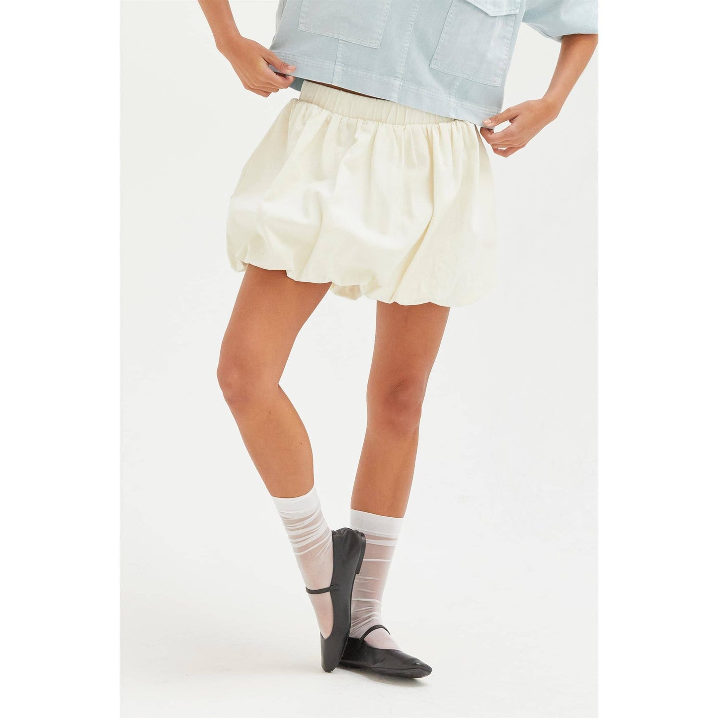 Trendy High Waist Woven Bubble Skirt: CREAM