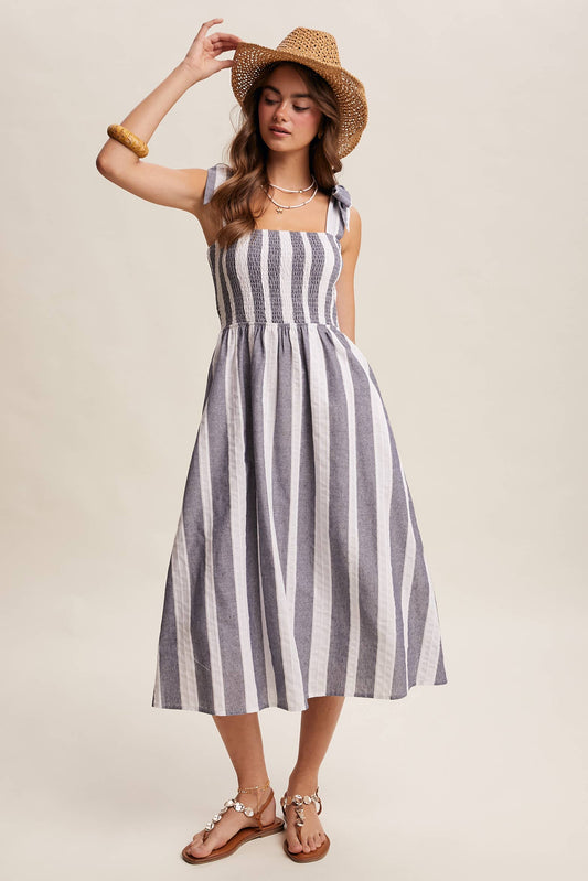 Denim Blue and White Striped Smocked Midi Dress