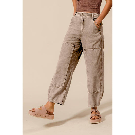 Taupe Mineral-Washed Barrel Pants-131186