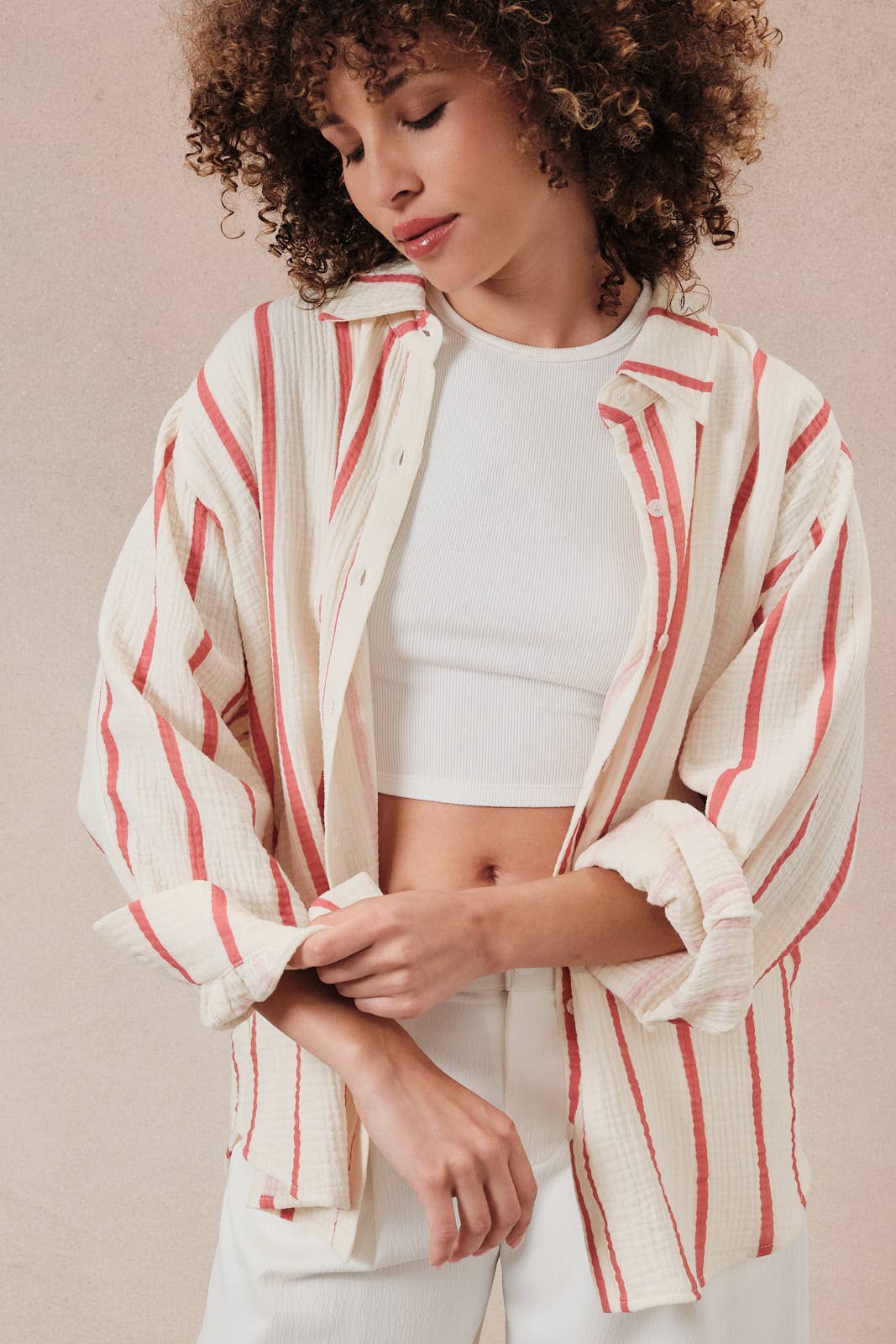 Cream and Red Stripe Dolman Long Sleeve Button Down Shirt-140647