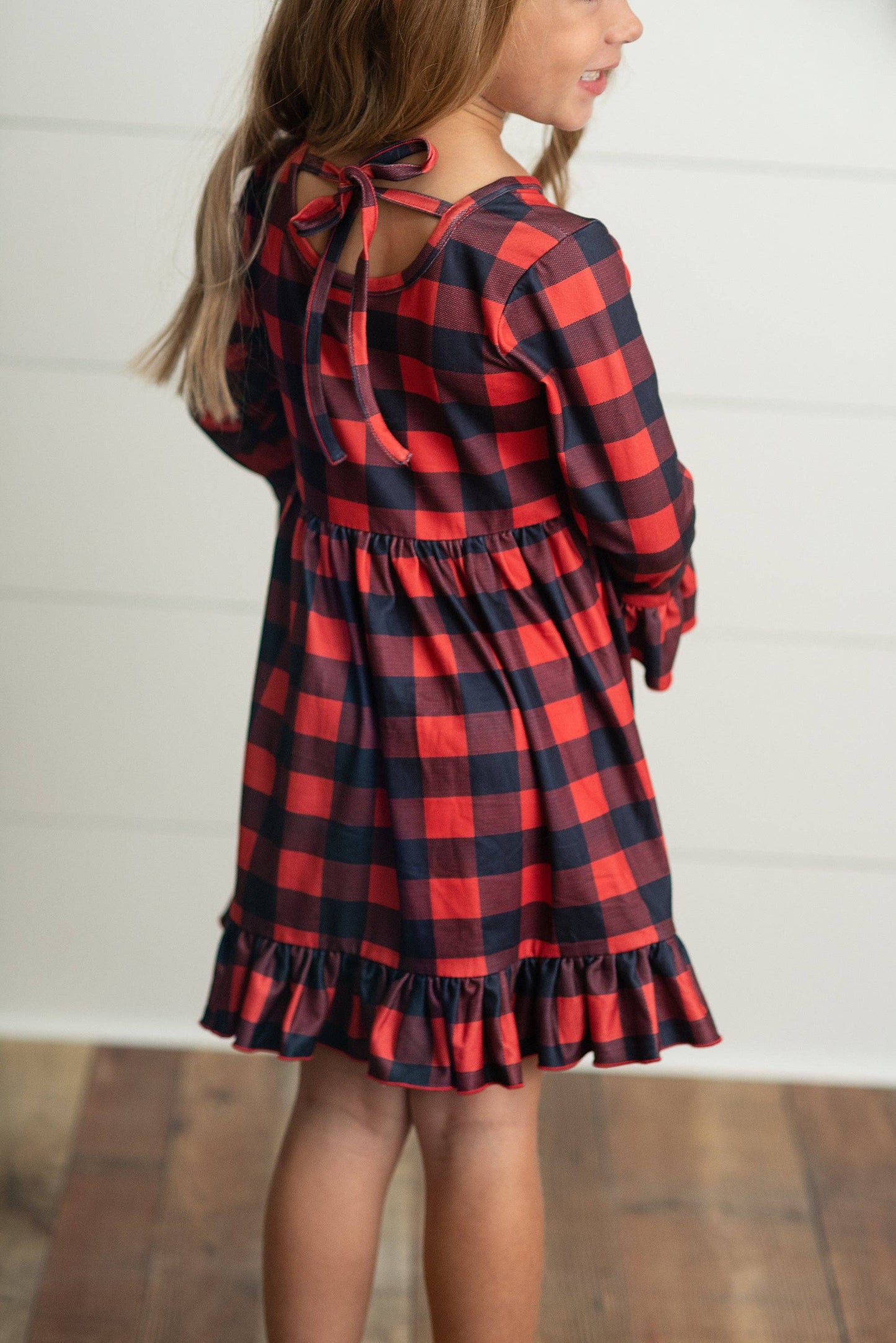 Red & Black Plaid Cotton Reindeer Ruffle Holiday Dress