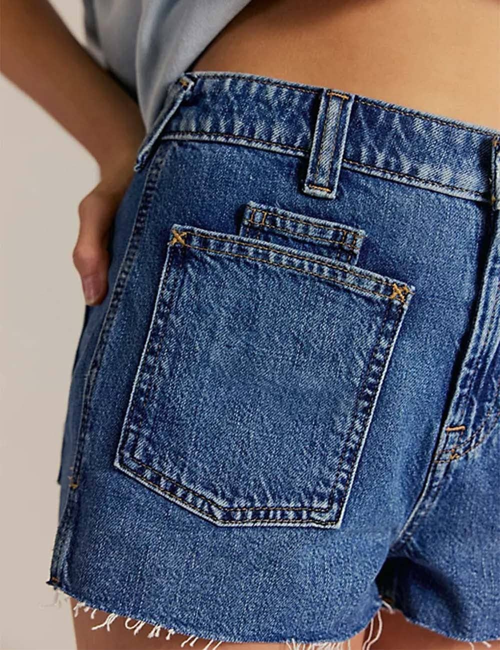 Dark Denim Shorts Raw Edge Front Pockets - 115652