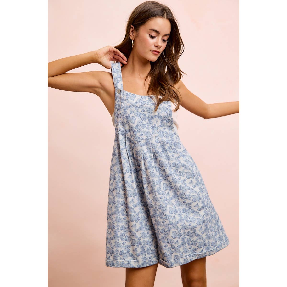 Blue Flower Printed Washed Twill Denim Shortall- 121162