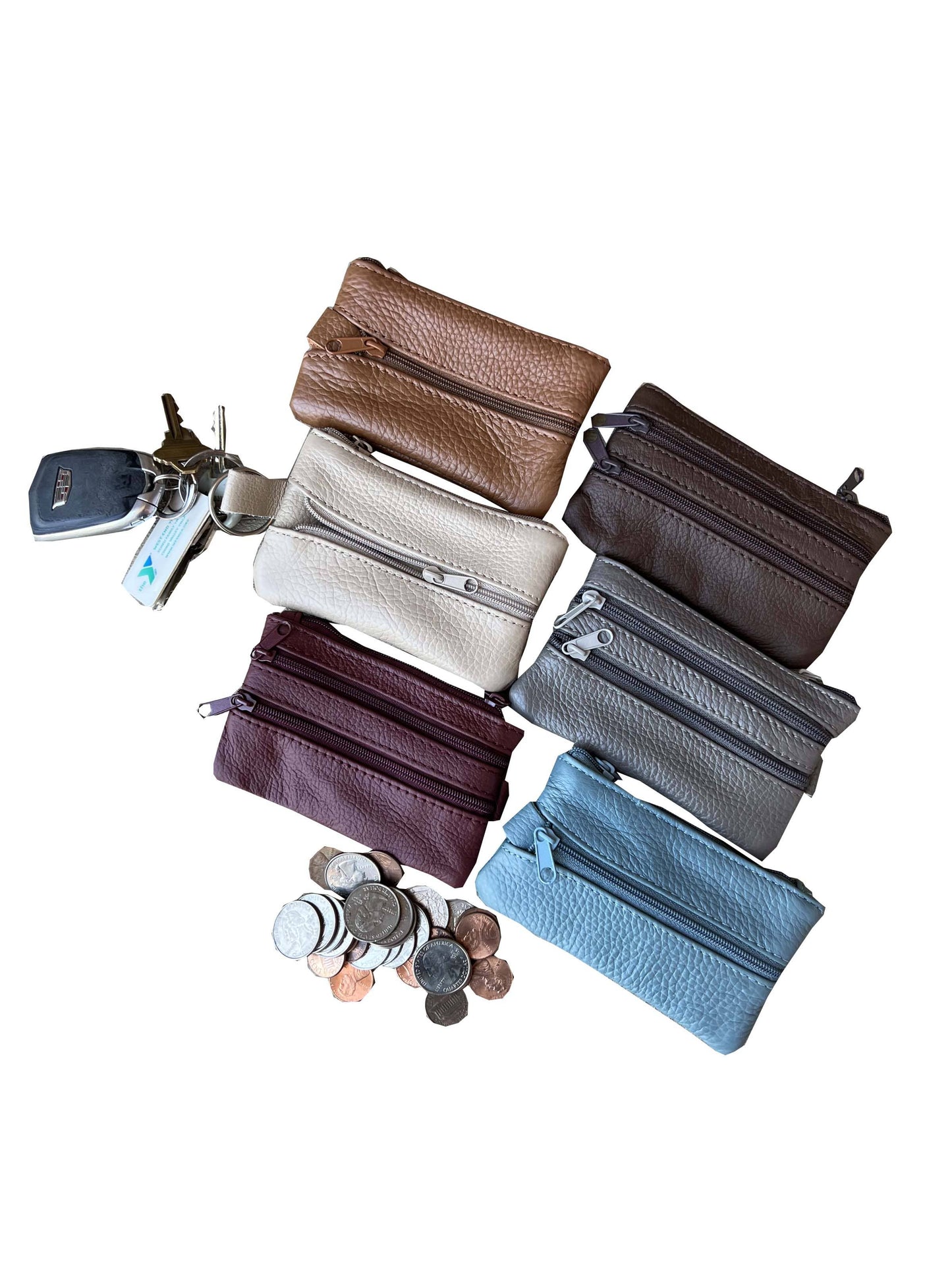 Leather Key Chain Coin Purse with Zipper Pockets/ Assorted Colors