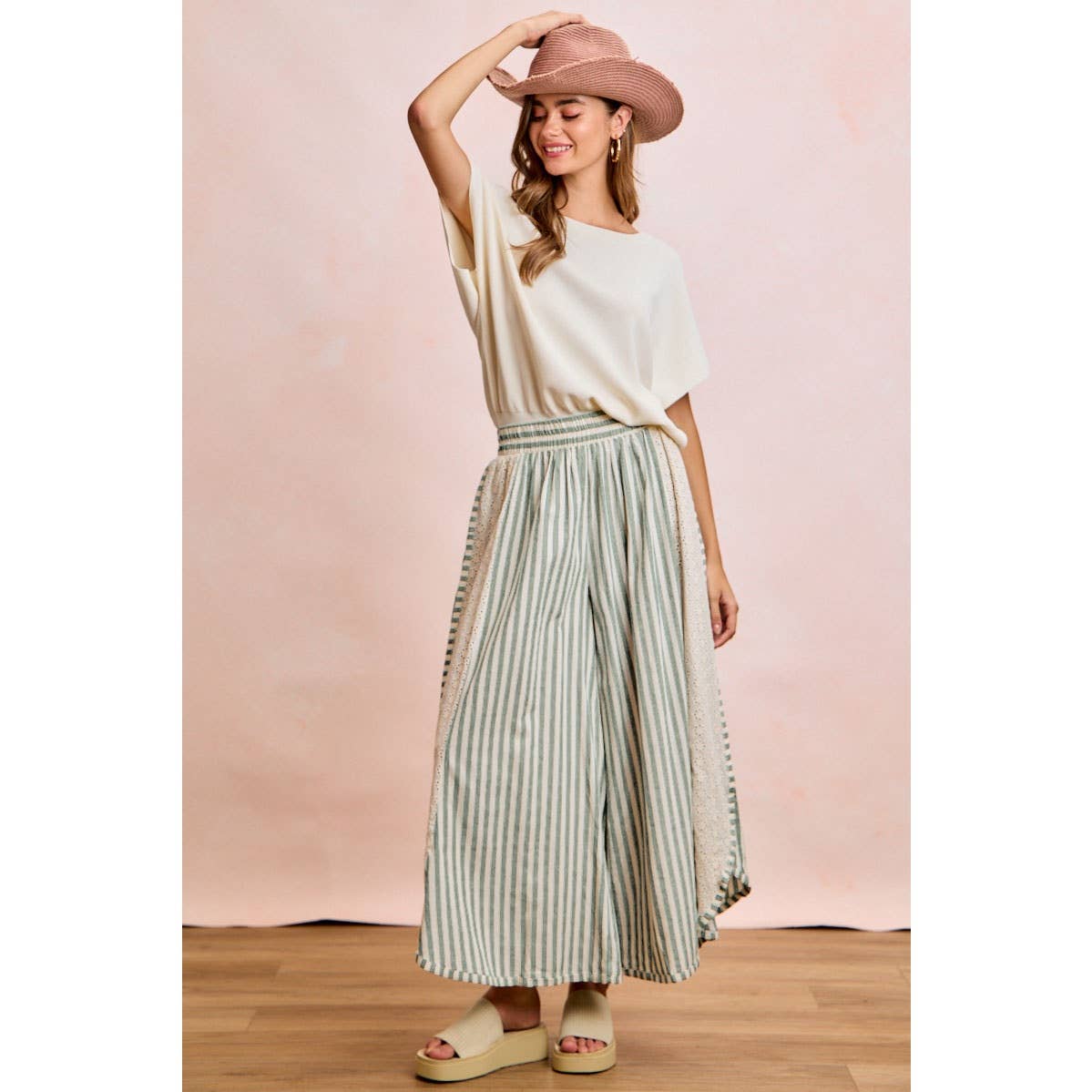Black and White Stripe and Eyelet Side Wide Leg Pants-131889