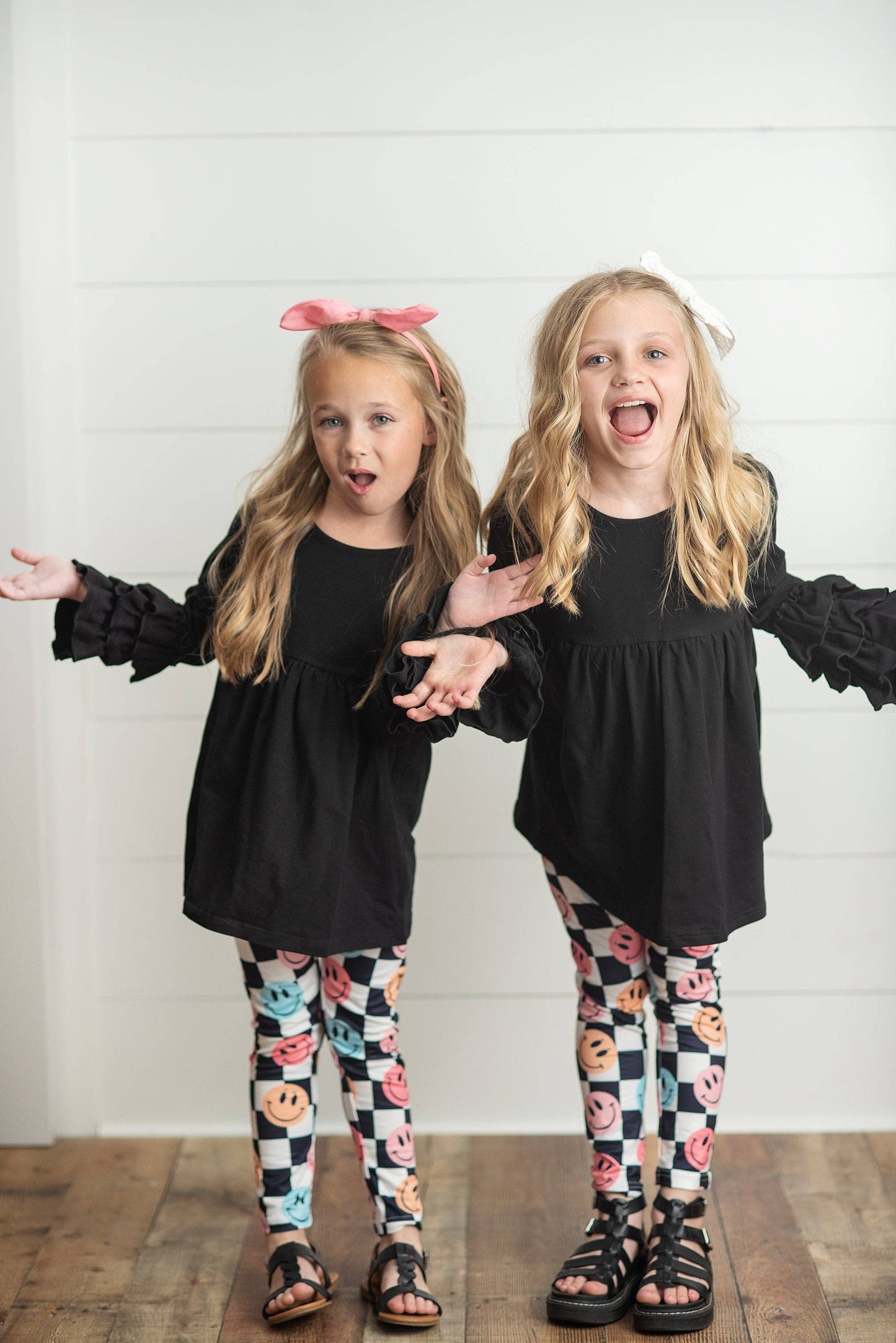 Black Ruffle Top with Black & White Check Smiley Face Leggings Set
