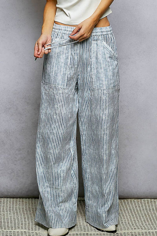 Blue Striped Big Pocket Straight Fit Pants-131018