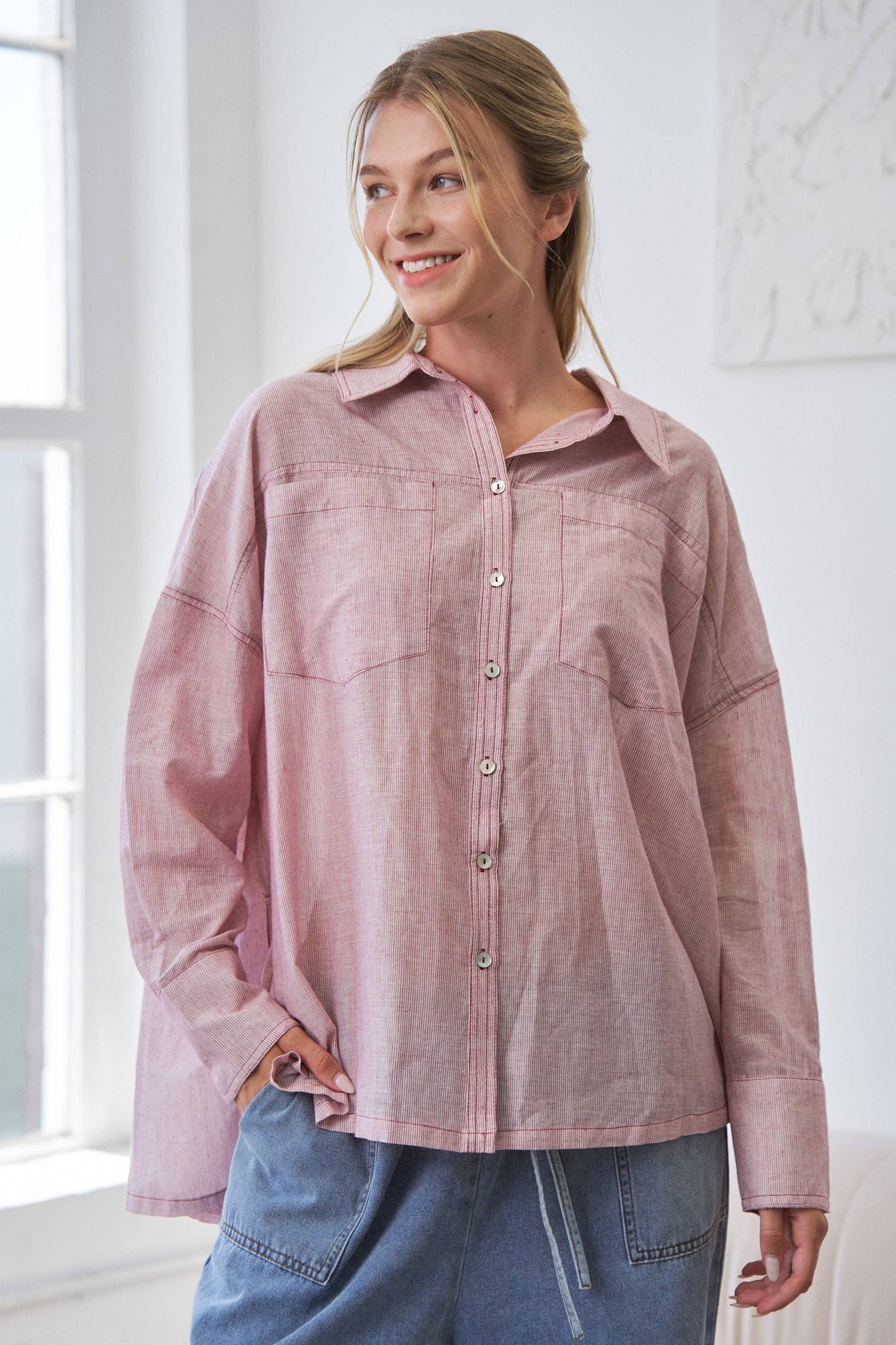 Red Mira Lightweight Sheer Oversized Button-Up Shirt