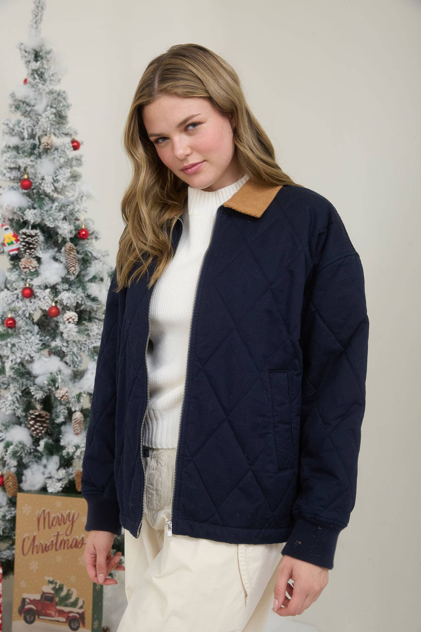 Navy with Corduroy Collar Diamond Quilted Barn Jacket