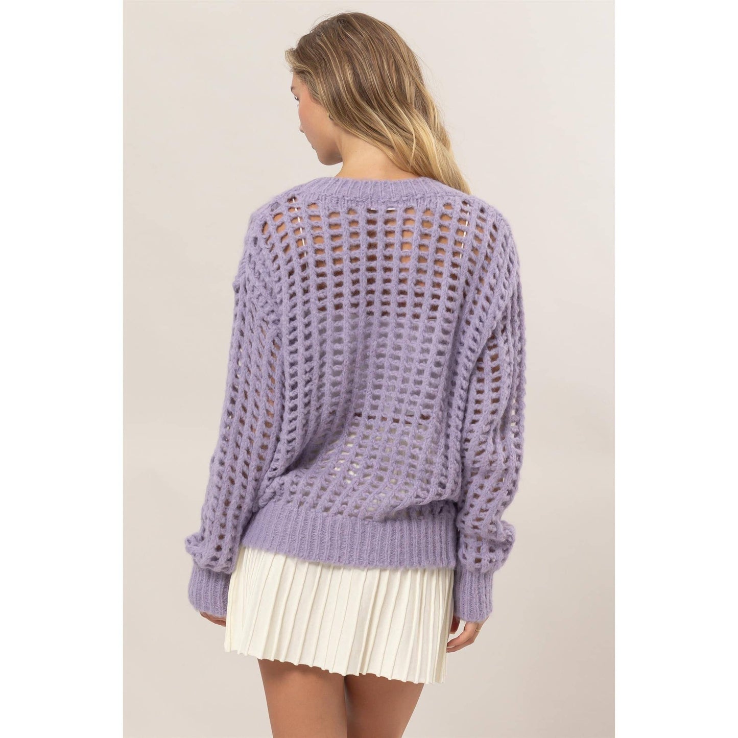 Soft Lavender Open Fish Net  Stitch Long Sleeve Sweater