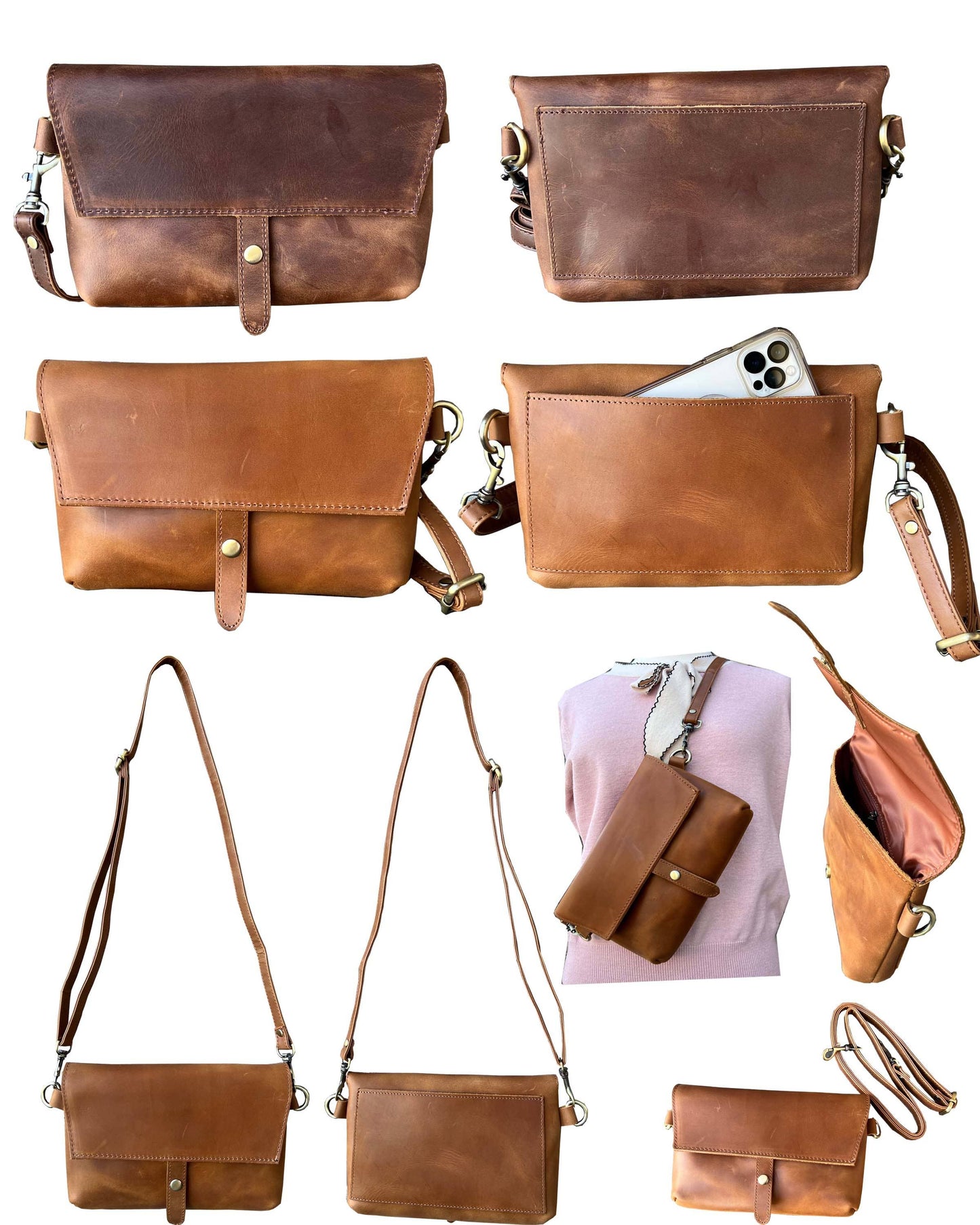 Light Brown Crazy Horse Genuine Leather Crossbody Travel Bag