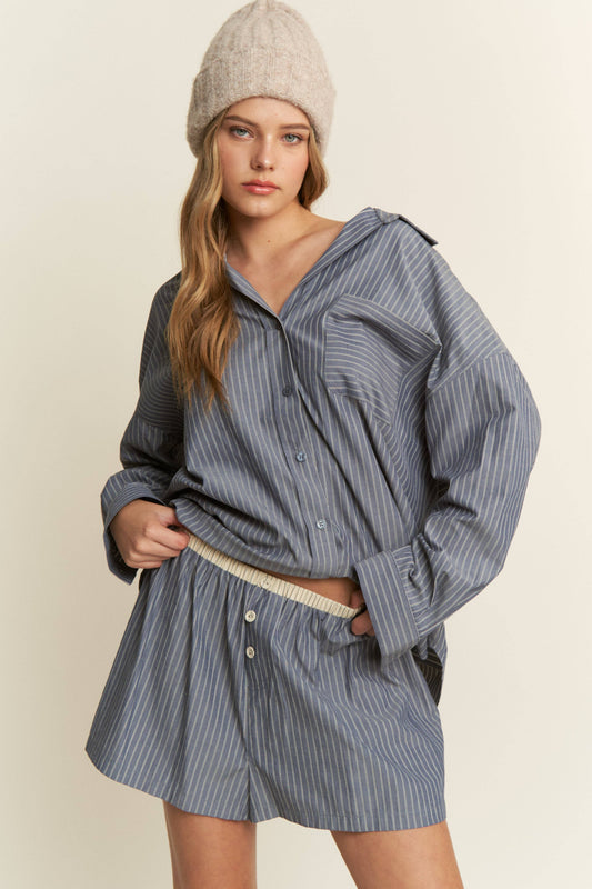 Blue Striped Cotton Button-Front Lounge Shorts