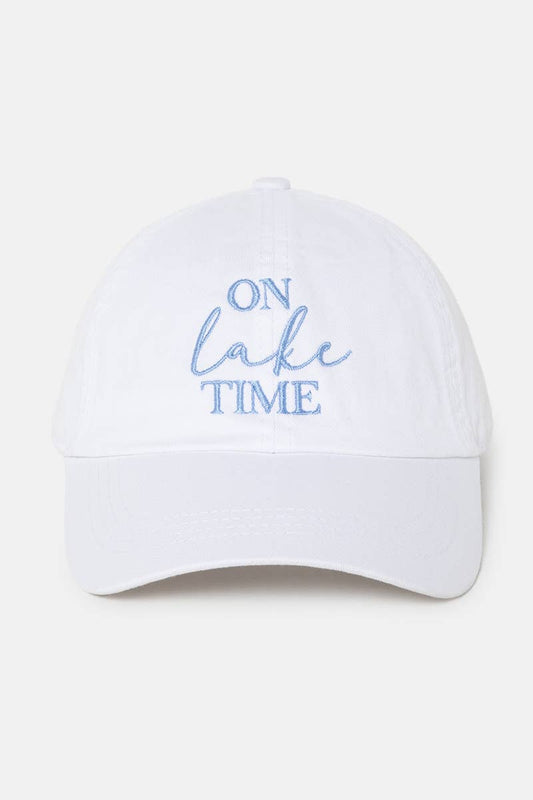 White 'On Lake Time' Embroidered Cotton Baseball Cap