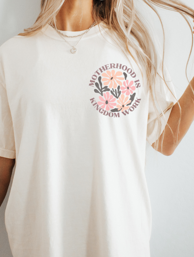 Ivory/ Floral 'Motherhood is Kingdom Work' Inspirational Cotton Tee