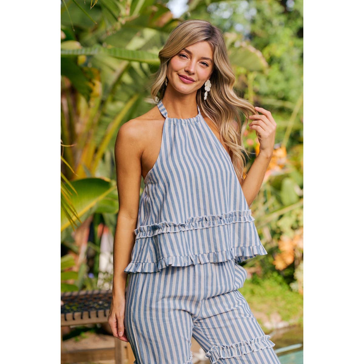Light Blue Stripe Ruffles Detail Halter Top-145258