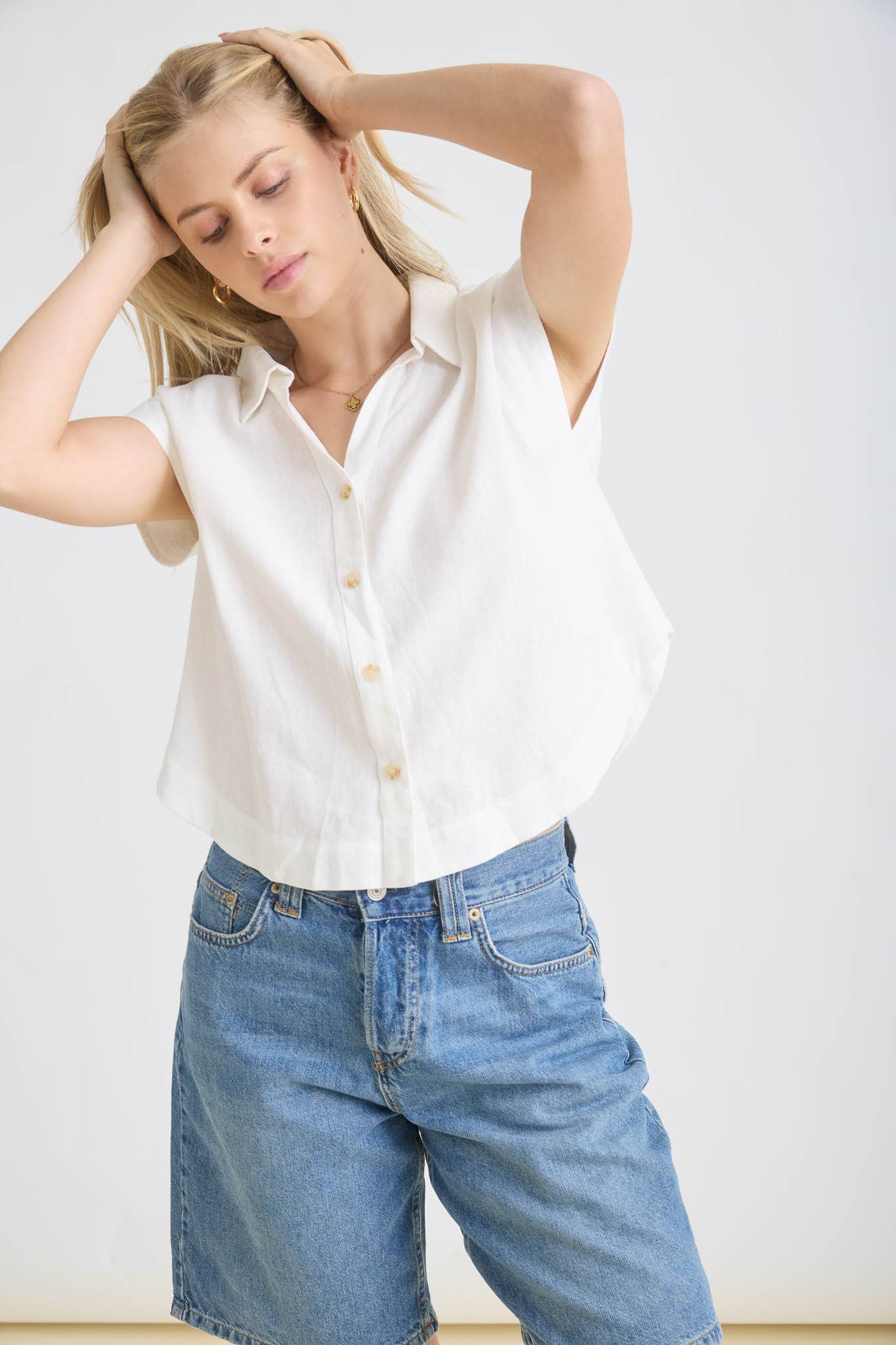White Cap Sleeve Button Down Top- 142824