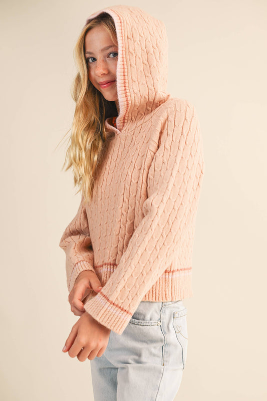 Soft Blush Hooded Cable Knit Sweater