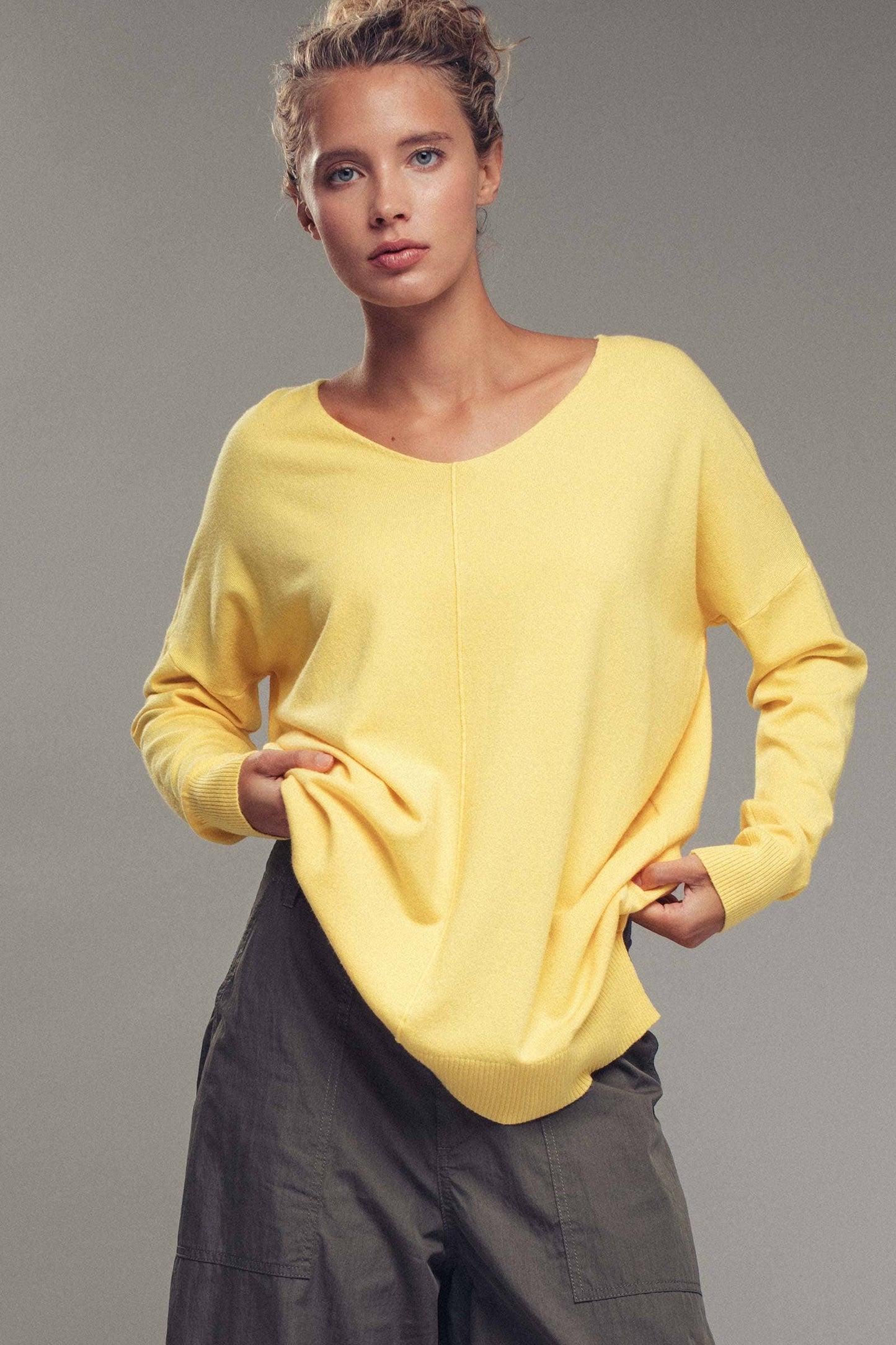 Citrus Yellow Relaxed High-Low V-Neck Tunic Sweater