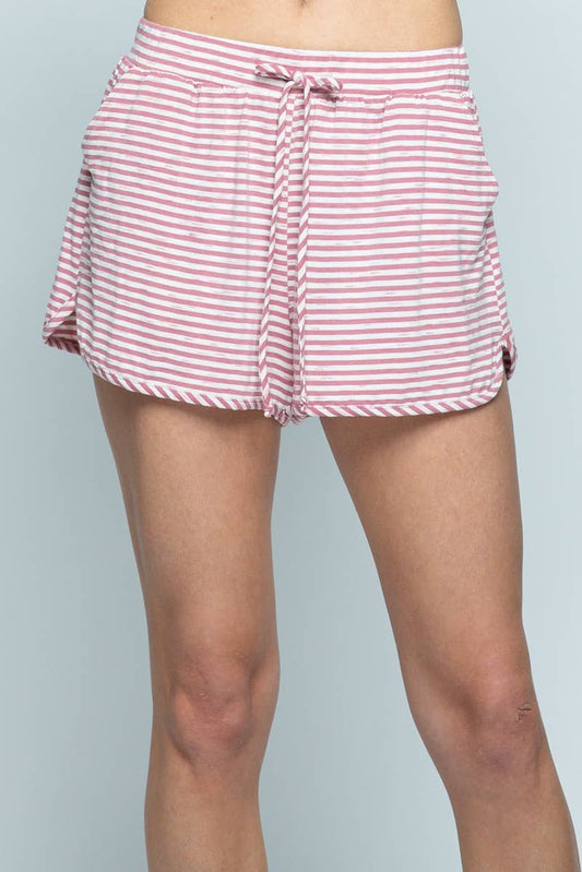 Pink and White Striped Cotton Drawstring Shorts