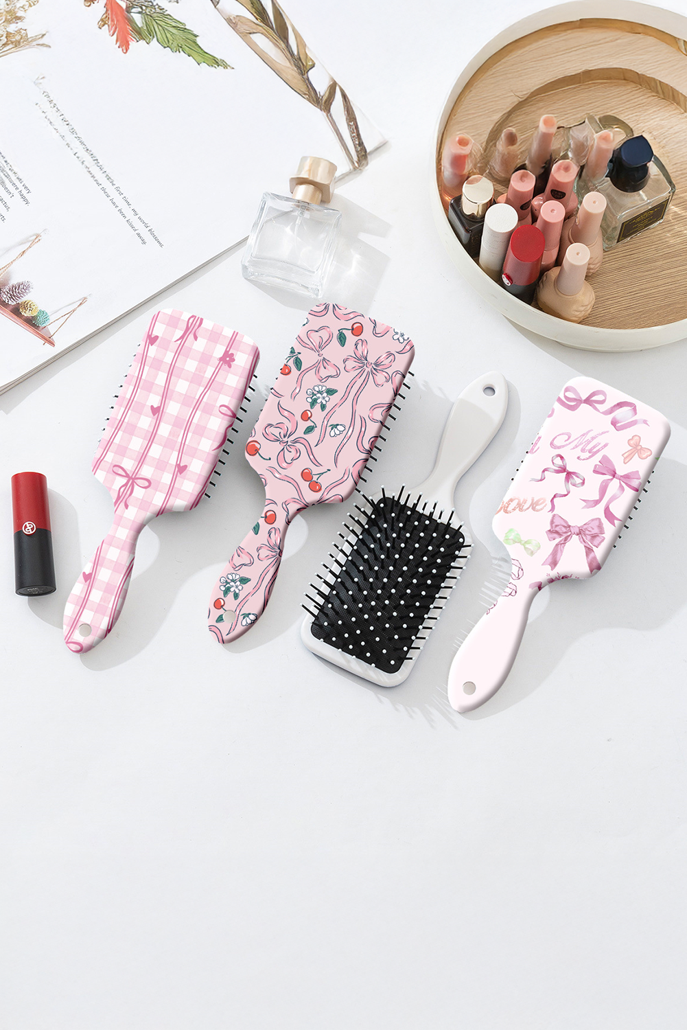 Pink Bow Print Paddle Anti-Static Air Cushion Hair Brush