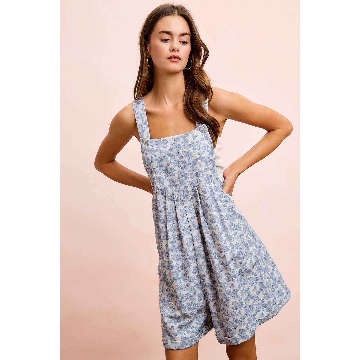 Blue Flower Printed Washed Twill Denim Shortall- 121162