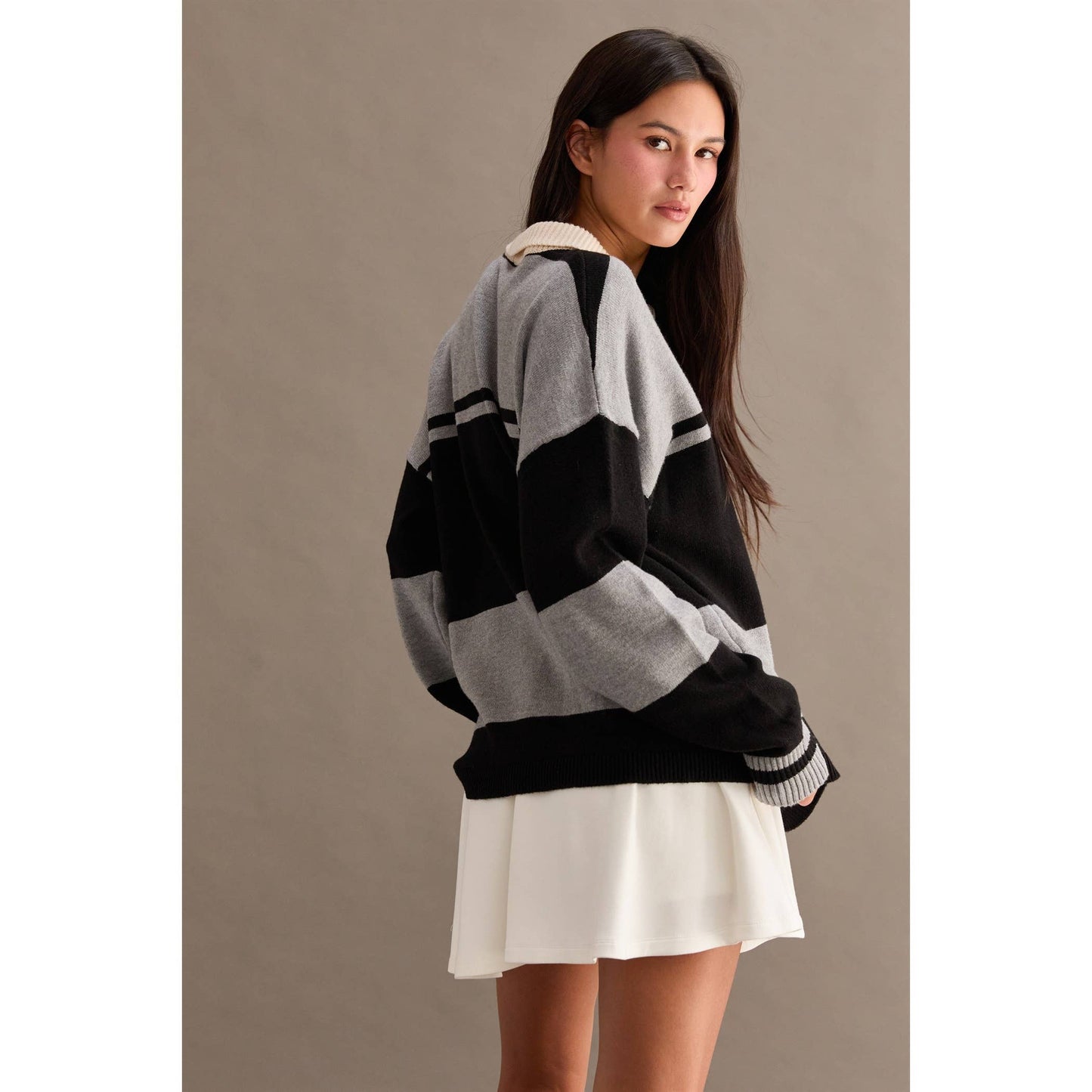 Polo Collar Black and Heather Grey Striped Sweater