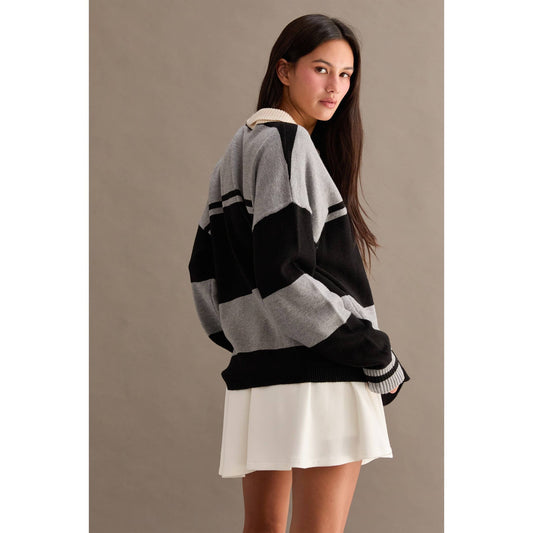 Polo Collar Black and Heather Grey Striped Sweater