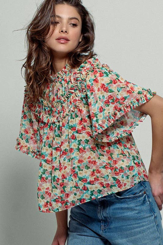 Aurora of Ruffle and Color Short Sleeve Blouse